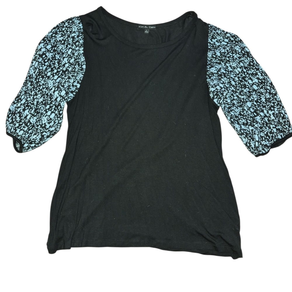 Kim & Cami Size L Black and Blue Puff Sleeve Top